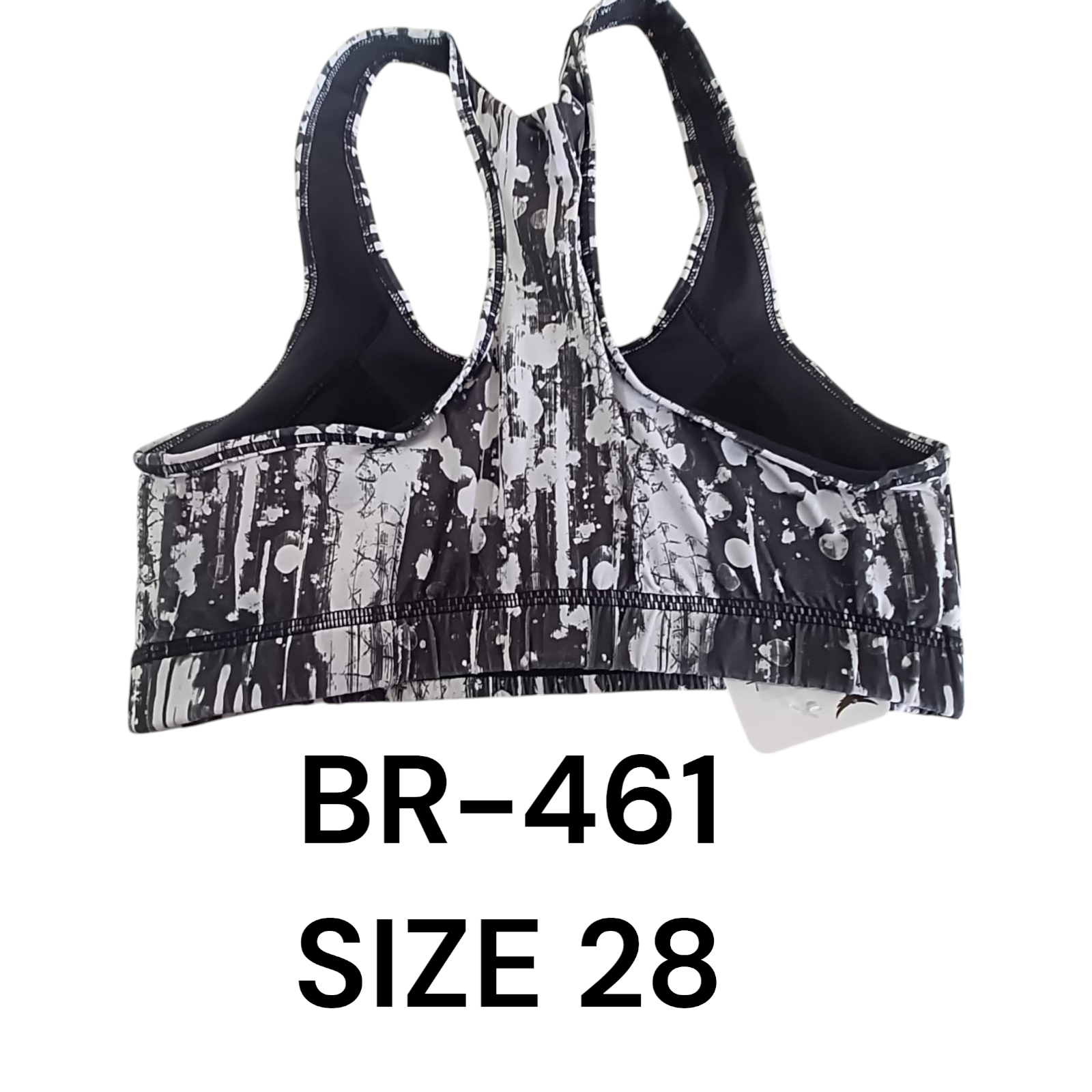 Black & White Splatter Print Racerback Sports Bra – BR-461 (Size 28)