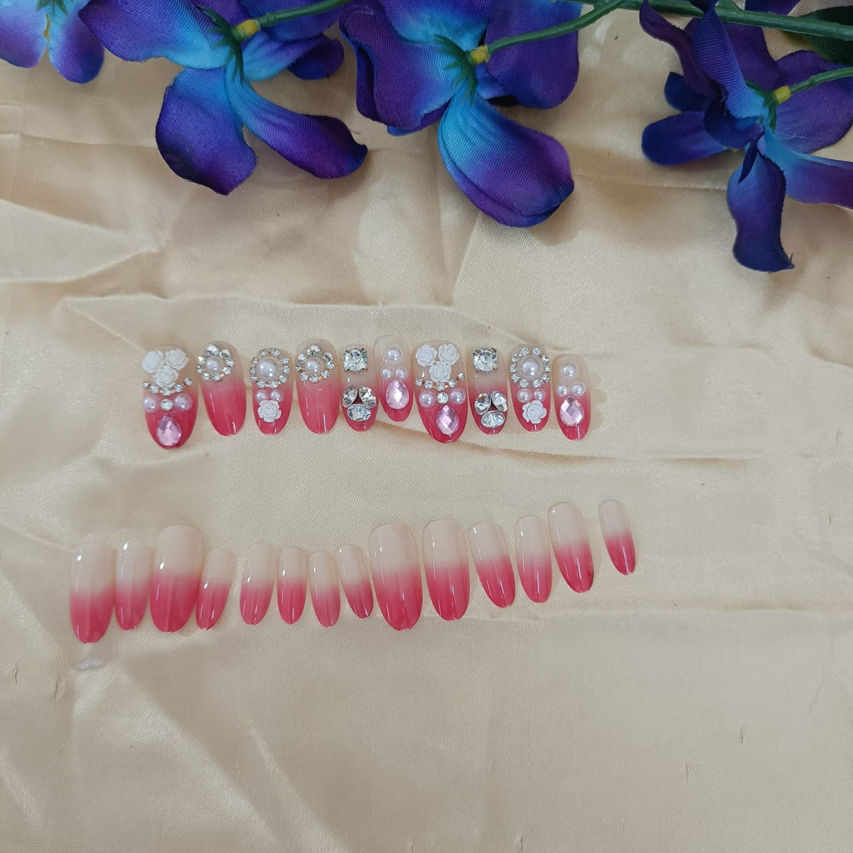 Elegant Rose Blush Rhinestone Press-On Nails